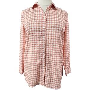 Chico's Coral Gingham Seersucker Button Front Tunic Crinkle Texture Picnic